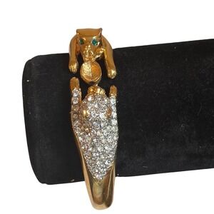 Les Bernard Vintage Double Panther Head Rhinestone Gold Tone Bangle  7.25"